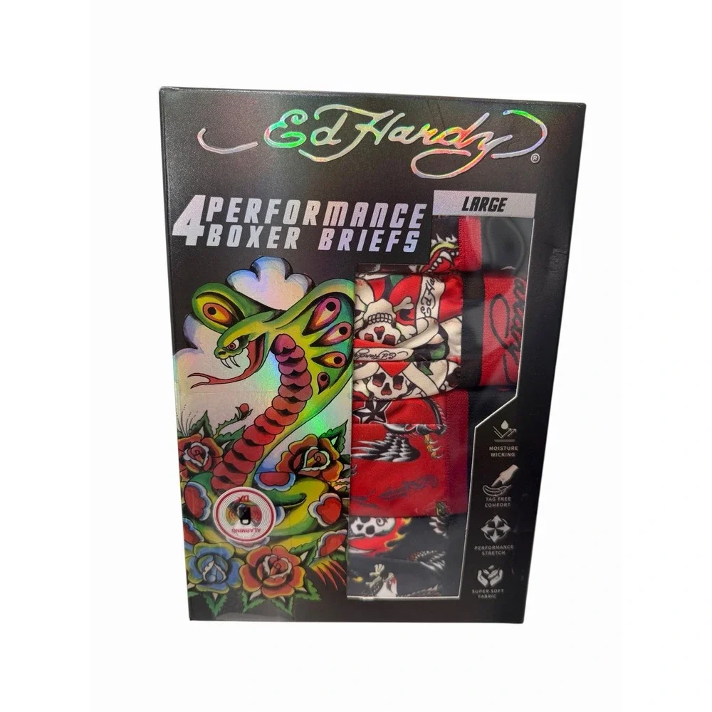 Ed Hardy Men's Performance Boxer Briefs 4-Pack Multicolor Size L NIB